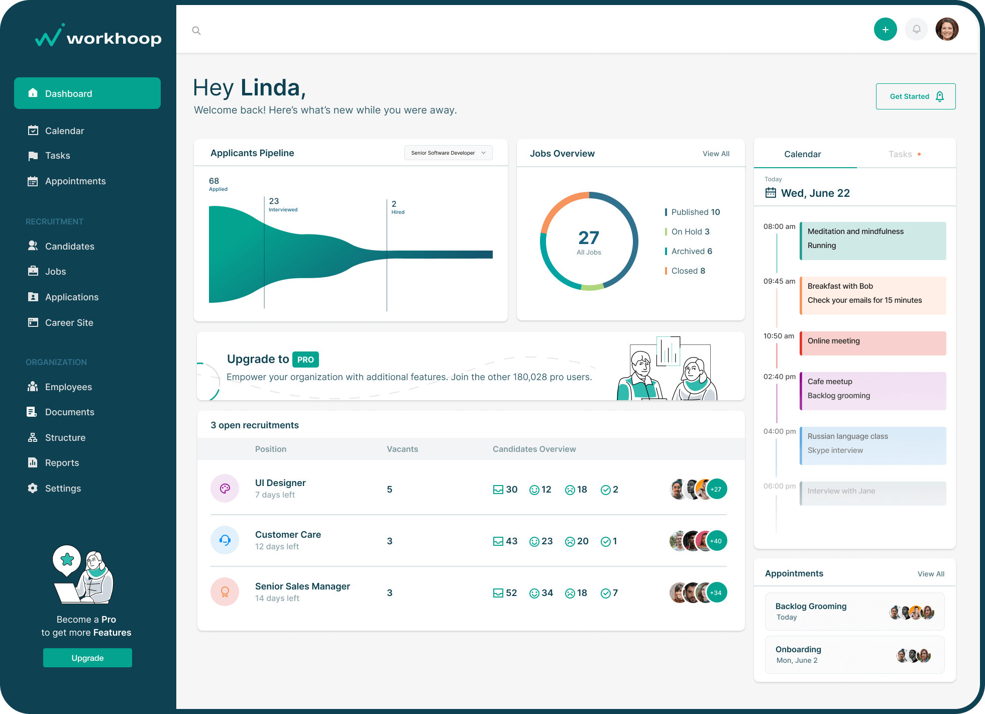 Workhoop main dashboard